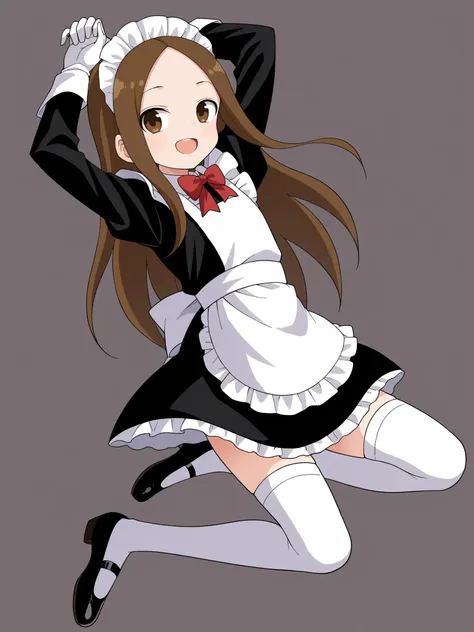 score_9, score_8_up, score_7_up, BREAK, source_anime  <lora:yamamoto-mix-lyco-pony-v1:0.8>
1girl, takagi-san, flat chest, light skin, brown hair, (long hair:1.3), brown eyes,
maid dress, maid, long sleeves, red bow tie, bow tie, maid headdress, maid apron,White gloves with bows, thighhighs, shy, white bow, shoes, looking to the side,bloomers
looking at viewer, smile, open mouth, full body, arms up, jumping, midair,