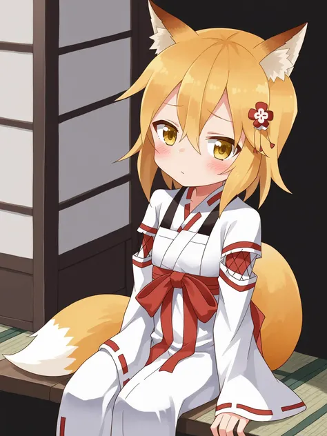 score_9, score_8_up, score_7_up, BREAK, source_anime  <lora:yamamoto-mix-lyco-pony-v1:0.8>
1girl, solo, <lora:senko_ponyxl_v2:1>, sen, blonde hair, animal ears, fox ears, blush, animal ear fluff, hair ornament, fox girl, hair flower, hair between eyes, short hair, fox tail, tail, flat chest, yellow eyes, young girl
miko, japanese clothes, ribbon mesh sleeves