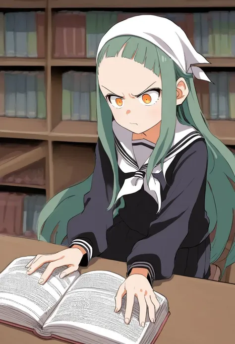 score_9, score_8_up, score_7_up, source_anime, rating_safe BREAK
1girl, determined, :o, flaming eye, green hair, extremely long hair, blunt bangs, forehead, (white bandana), serafuku
BREAK
head-on, sitting, reading book, table, pile of books, library