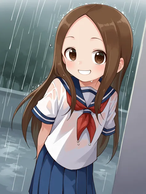 score_9, score_8_up, score_7_up, BREAK, source_anime, <lora:yamamoto-mix-lyco-pony-v1:0.8>
1girl, takagi-san, flat chest, light skin, brown hair, (long hair:1.3), brown eyes,
sailor collar, red neckerchief, sailor shirt, white shirt, short sleeves, pleated skirt, blue skirt, black socks, loafer
smile, from behind, happy, rain, wet clothes, standing, arms behind back