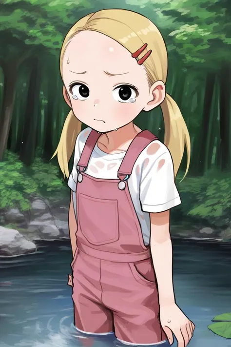 score_9, score_8_up, score_7_up, rating_safe BREAK
1girl, (:t), tearing up, black eyes, blonde hair, twintails, hairclip, forehead, flat chest, white t-shirt, pink overalls, forest, river, partially submerged, (wet, wet clothes, wet shirt, dripping)