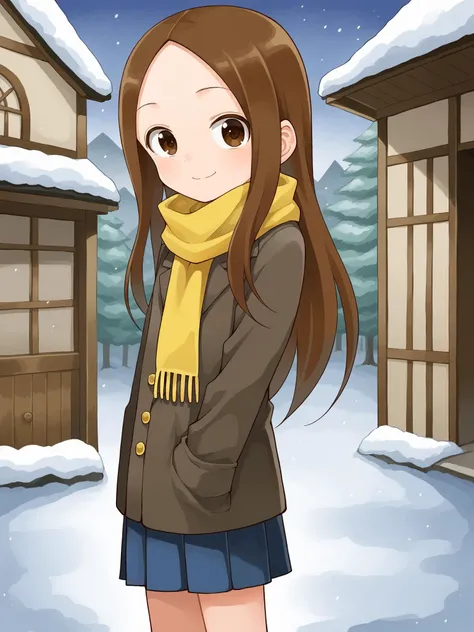 score_9, score_8_up, score_7_up, BREAK, source_anime, <lora:yamamoto-mix-lyco-pony-v1:0.8>
1girl, takagi-san, flat chest, light skin, brown hair, (long hair:1.3), brown eyes,
scarf, coat, yellow scarf, skirt, randoseru, pleated skirt, blue skirt
snow, japanese village, standing, from side, smile