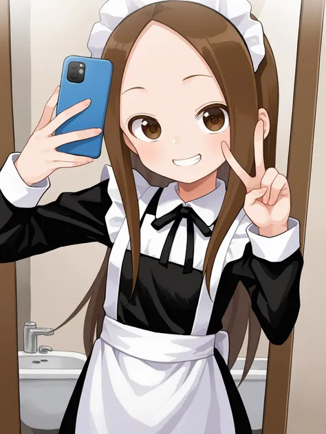 score_9, score_8_up, score_7_up, BREAK, source_anime  <lora:yamamoto-mix-lyco-pony-v1:0.8>
1girl, takagi-san, small breast, light skin, brown hair, (long hair:1.3), brown eyes,
maid,
girl taking a mirror selfie in her bathroom,
cowboy shot framing, looking at viewer, mirror, holding phone, smile, making a peace sign, v