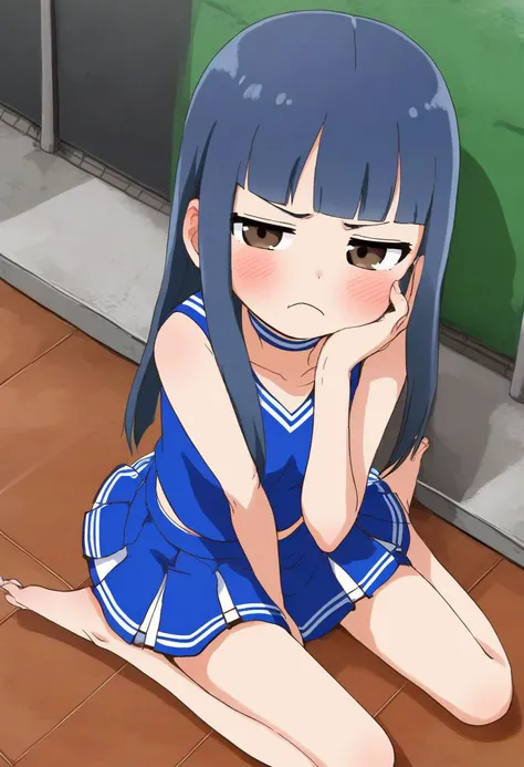 score_9, score_8_up, score_7_up, rating_safe BREAK
1girl, :t, pout, frown, looking at vierwer, blush,, cute, blue hair, hime cut, brown eyes, (cheerleader, choker, barefoot)
BREAK
from above, sitting, on floor, wariza, hands on own face, rooftop