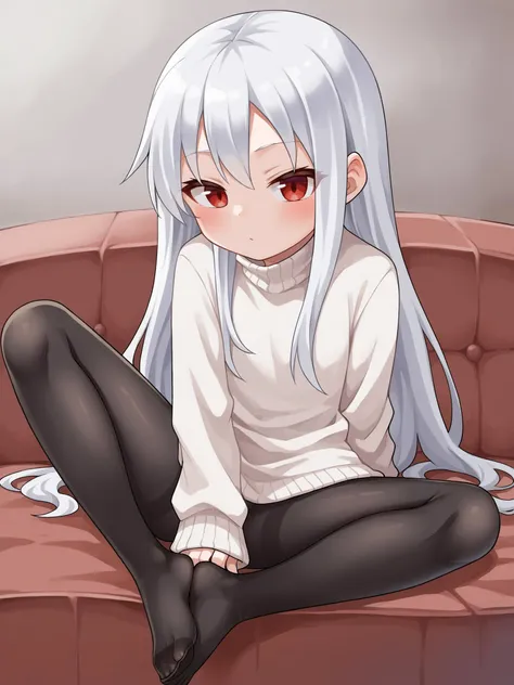 score_9, score_8_up, score_7_up, score_6_up, score_5_up, score_4_up, BREAK, source_anime <lora:yamamoto-mix-lyco-pony-v1:0.8>
1girl, solo,flat chest, light skin, white hair, (long hair:1.3), red eyes,
((white-sweater-dress)), (((pantyhose))), ((no-shoes)),