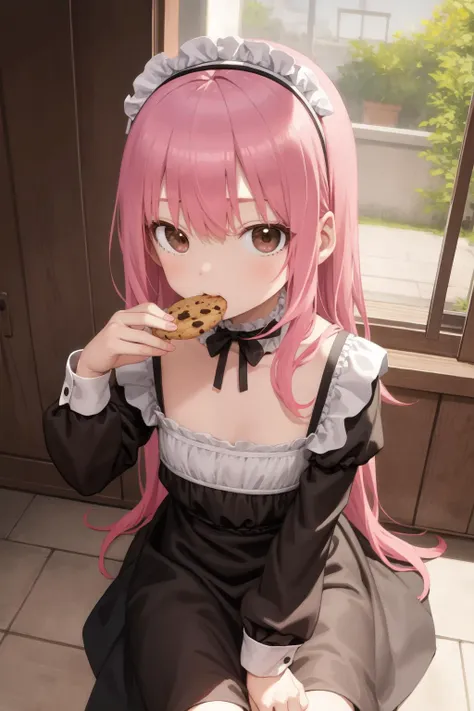 (masterpiece, best quality:1.2),
1girl, :t, looking at viewer, long hair, pink hair, brown eyes BREAK
black dress, maid dress, flat chest, sitting, on floor
BREAK eating, cookie, from above, kitchen