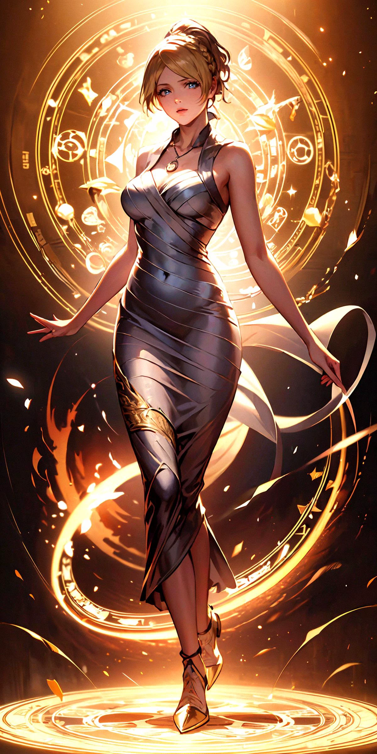 ((masterpiece, best quality, hires, extremely detailed, intricate details)) , solo , 1girl , full body , <lora:lunafreya-nvwls-v1:1>, lunafreya , ((looking at viewer)) , braid, ponytail, necklace, white dress, sleeveless dress, long dress, large breasts , (magic circle) , magic, fire , particles , <lora:magic circle:0.5>, close up
