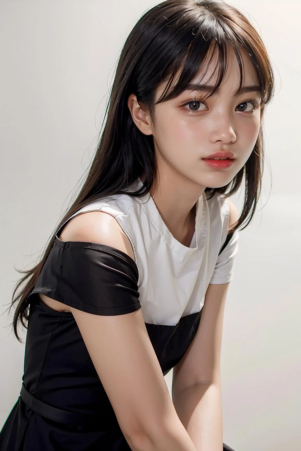 1girl,hair with bangs,black long dress,white background, <lora:rainyisonline-04:1>