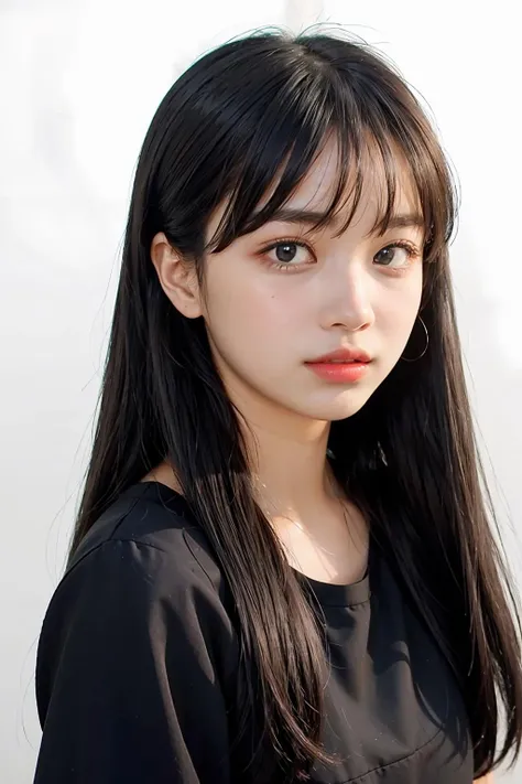 1girl,hair with bangs,black long dress,white background, <lora:rainyisonline-04:1>