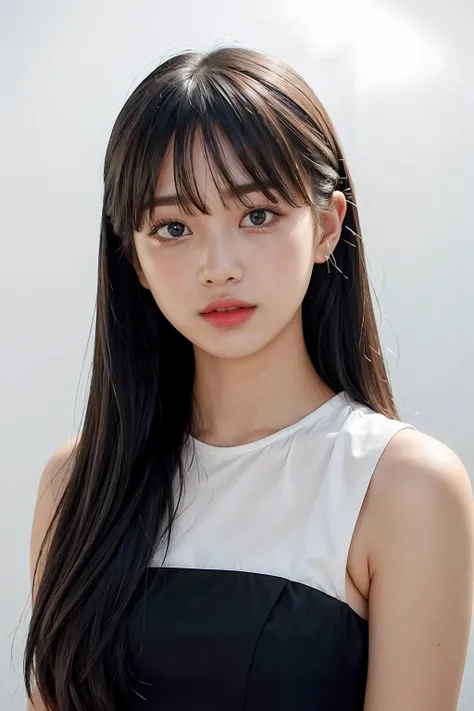 1girl,hair with bangs,black long dress,white background, <lora:rainyisonline-04:1>