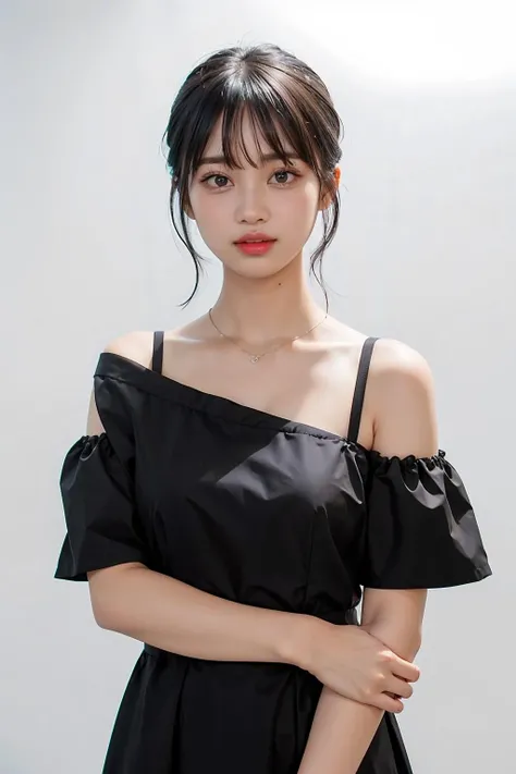 1girl,hair with bangs,black long dress,white background, <lora:rainyisonline-04:1>