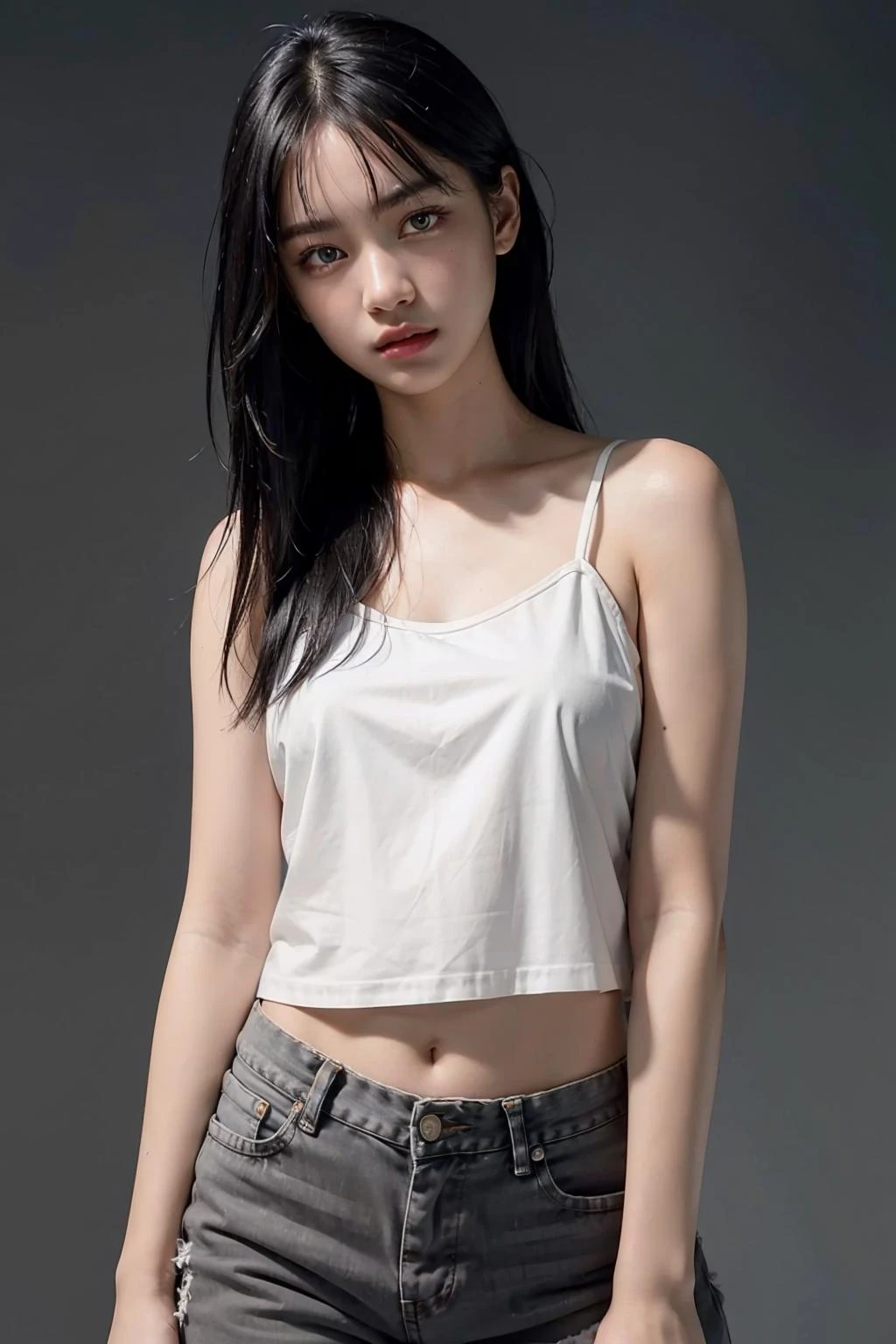 1girl, black hair, white camisole, jeans, (isolated on dark-grey background:1.2), dynamic pose, (low key lighting:1.2), shot on Canon EOS 5D, , best quality, ultra high res, (photorealistic:1.4), masterpiece, real life skin, hyper real, Depth of field, perspective, detailed beautiful eyes and detailed face, <lora:rainyisonline-04:1>
