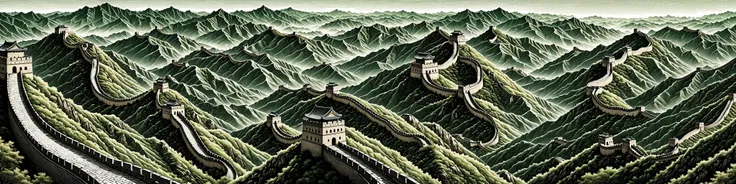 The Great Wall is made up of continuous detailed lines winding and lengthening,((digital carving style)),masterpiece,high quality,colorful,beautiful,crazy detail,<lora:changcheng_V0-000002:0.4>,bigc,digital engraving,Cash green,(((The whole picture is made up of diagonal lines))),