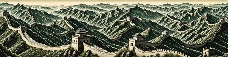 The Great Wall is made up of continuous detailed lines winding and lengthening,((digital carving style)),masterpiece,high quality,colorful,beautiful,crazy detail,<lora:changcheng_V0-000002:0.4>,bigc,digital engraving,Cash green,(((The whole picture is made up of diagonal lines))),