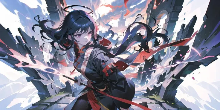 chinese style,immortal demeanor, long-haired man, peaks, deep ravines, stars, turbulent winds, soaring dragons, cross-shaped sword, purple clouds, giant birds, portal, smoke, flames, mystical runes, ancient robe, red petals, halo,lightning,thunder,[(WHITE BACKGROUND:1.5)::3] HEXAGON, <lora:lightAndShadow_v10:0.3>, <lora:lightlineArtLora_v10:0.3> ,<lora:yoneyamaMaiStyleLora_yoneyamaMaiV2:0.5>, <lora:gachaSplashLORA_gachaSplash31:0.5>