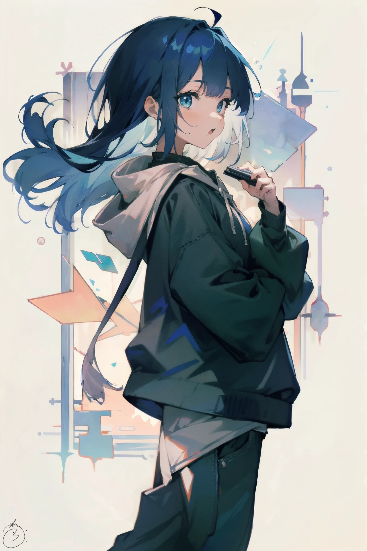 girl ((masterpiece, best quality)), flat illustration, 1girl, adult, fair_skin, tattoo, slender, blue hair, long bangs, blue eyes, bright_pupils, fang_out, casual, hoodie, lightblue, darkslateblue, royalblue, darkblue, floral_background, flat, against backlight at dusk, full_shot, dynamic_angle, from_side, depth of field, lens_flare, chromatic_aberration, eye-contact <lora:flat illustration:0.7>, <lora:LightLine:0.6>