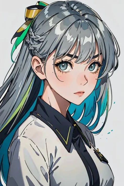 masterpiece, best quality, 1girl, bangs, close-up, closed_mouth, eyebrows_visible_through_hair, green_hair, grey_background, grey_eyes, hair_between_eyes, hair_ornament, long_hair, looking_at_viewer, multicolored_hair, full body, <lora:lightlineArtLora_v10:0.5>