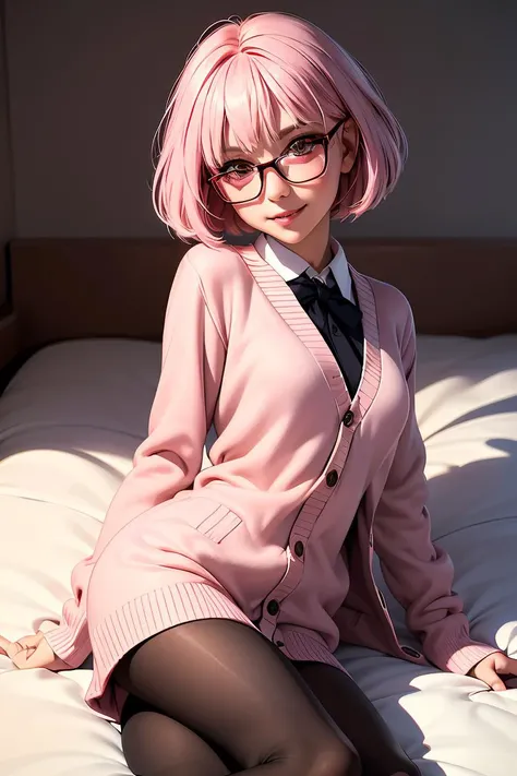 (masterpiece, best quality), 1girl, <lora:MiraiK:1> 1girl, miraik, pink hair, golden eyes, cardigan, school uniform, open cloths, black pantyhose, lying,bob cut, beautifull eyes,detailed ,smile,lips,