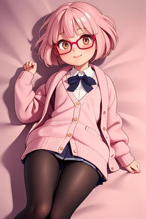 (masterpiece, best quality), 1girl, <lora:MiraiK:1> 1girl, miraik, pink hair, golden eyes, cardigan, school uniform, open cloths, black pantyhose, lying,bob cut, beautifull eyes,detailed ,smile,lips,
