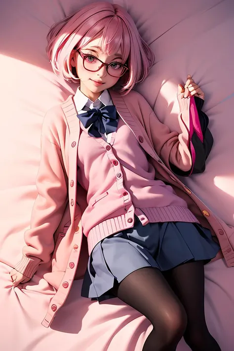 (masterpiece, best quality), 1girl, <lora:MiraiK:1> 1girl, miraik, pink hair, golden eyes, cardigan, school uniform, open cloths, black pantyhose, lying,bob cut, beautifull eyes,detailed ,smile,lips,