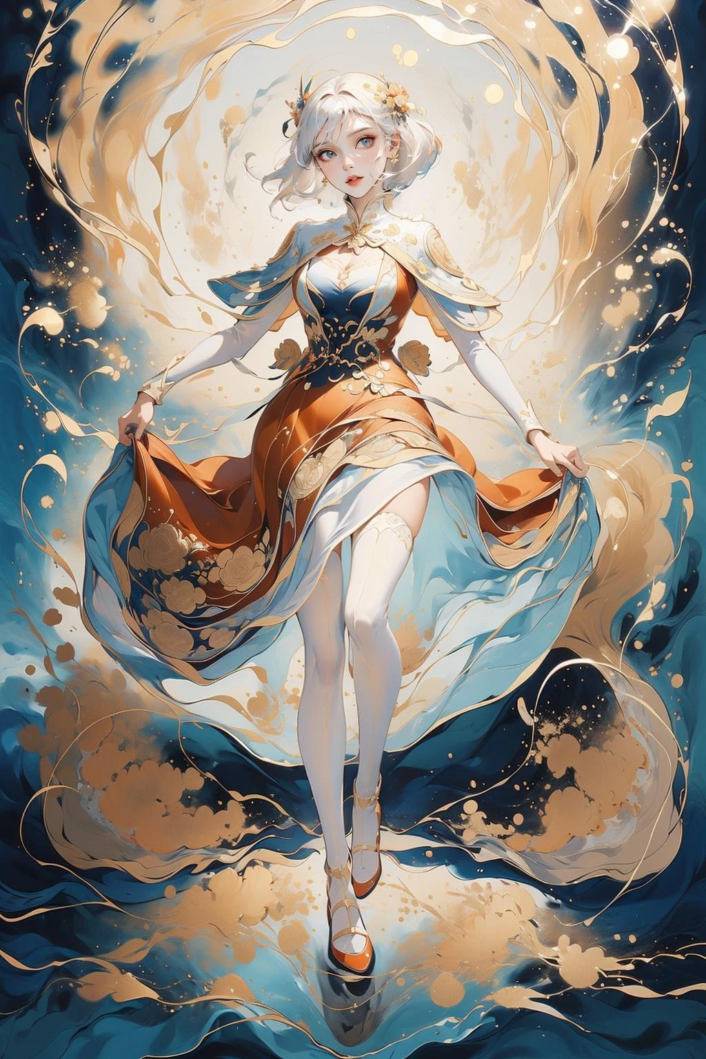 masterpiece,best quality,ultra-detailed,1girl,white hair,full body,water,red dress,<lora:éæ²æµ·å²¸:0.9>,