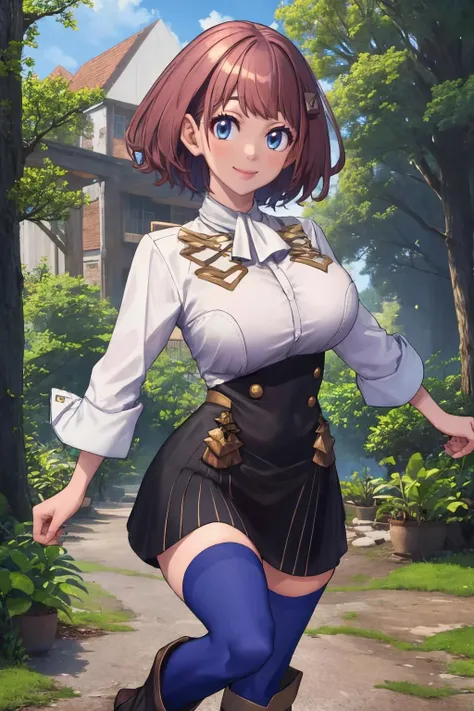 masterpiece, best quality, 1girl, solo, <lora:hitoyo-baffu-richy-v1:1> hitoyornd, hair ornament, <lora:gmuniform2-nvwls-v1:1> gmuniform, blue thighhighs, looking at viewer, smile, large breasts