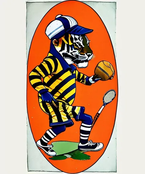 afc_nick, a tiger with a tennis hat, vintage illustration, <lora:afc_nick-15:1>