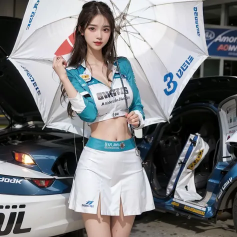 (8k, RAW photo, best quality, masterpiece:1.2), (realistic, photo-realistic:1.37), (full body:1.3) (detailed), (highres), ultra realistic, hyperrealistic, high detail RAW color photo of a 20 y.o women, young female,beautiful face, (high detailed face),looking at viewer, perfect face, young, detailed hair ,cleavage, perfect breast,professional lighting, photon mapping, radiosity, physically-based rendering, ultra-detailed, extremely detailed, beautiful detailed girl, extremely detailed eyes and face, cinematic lighting, perfect fingers, perfect hands, perfect legs, cinematic lighting, extreme details, realistic skin, show belly, high heels,1girl,race_queen,(gigantic breasts:1.2),clothing cutout,underboob, miniskirt, outdoors,((sports car)),((Autoshow)),((Motor show)),<lora:MyRaceQueentest42test2:0.5>, smile