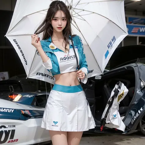 (8k, RAW photo, best quality, masterpiece:1.2), (realistic, photo-realistic:1.37), (full body:1.3) (detailed), (highres), ultra realistic, hyperrealistic, high detail RAW color photo of a 20 y.o women, young female,beautiful face, (high detailed face),looking at viewer, perfect face, young, detailed hair ,cleavage, perfect breast,professional lighting, photon mapping, radiosity, physically-based rendering, ultra-detailed, extremely detailed, beautiful detailed girl, extremely detailed eyes and face, cinematic lighting, perfect fingers, perfect hands, perfect legs, cinematic lighting, extreme details, realistic skin, show belly, high heels,1girl,race_queen,(gigantic breasts:1.2),clothing cutout,underboob, miniskirt, outdoors,((sports car)),((Autoshow)),((Motor show)),<lora:MyRaceQueentest42test2:0.5>, smile