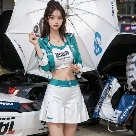 (8k, RAW photo, best quality, masterpiece:1.2), (realistic, photo-realistic:1.37), (full body:1.3) (detailed), (highres), ultra realistic, hyperrealistic, high detail RAW color photo of a 20 y.o women, young female,beautiful face, (high detailed face),looking at viewer, perfect face, young, detailed hair ,cleavage, perfect breast,professional lighting, photon mapping, radiosity, physically-based rendering, ultra-detailed, extremely detailed, beautiful detailed girl, extremely detailed eyes and face, cinematic lighting, perfect fingers, perfect hands, perfect legs, cinematic lighting, extreme details, realistic skin, show belly, high heels,1girl,race_queen,(gigantic breasts:1.2),clothing cutout,underboob, miniskirt, outdoors,((sports car)),((Autoshow)),((Motor show)),<lora:MyRaceQueentest42test2:0.5>, smile