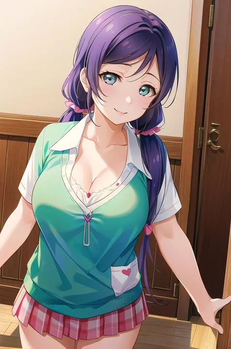 (love live! school idol project:1.15763), (love live!:1.15763), (toujou nozomi:1.15763), purple hair, green eyes, (large breasts:1.4), (long hair), (low twintails:1.3), <lora:loveliveNozomiTojo_v1:0.2>,