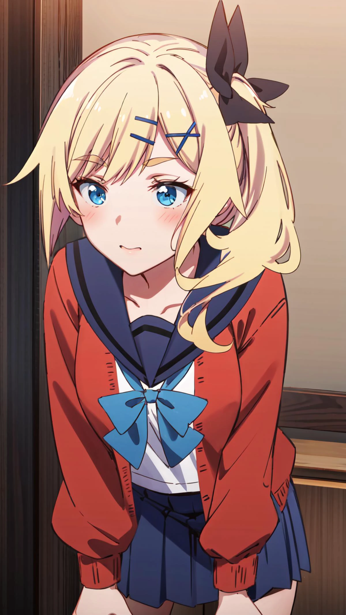 <lora:Fruittart_HayuNukui-v04:0.6> ochihayu, school uniform, bow, serafuku, blue sailor collar, red cardigan, blue skirt, cowboy shot, leaning forward