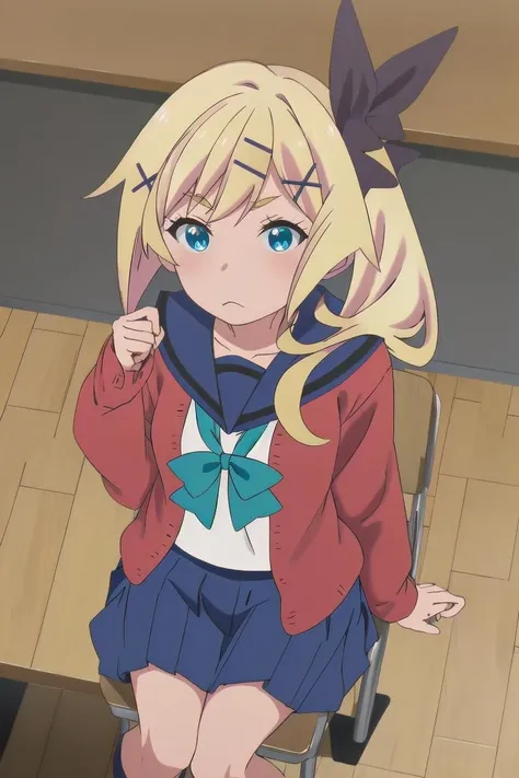 masterpiece,absurdres,best quality,high quality,1boy,1girl,aisaka taiga,twintails,blue skirt,,pleated skirt,black ribbon,thighhighs,red jacket,sitting,looking,(flat chest:1.1) ),upper body,(pussy:1.1),niplles,(vaginla sex:1.2),grin,chibi,