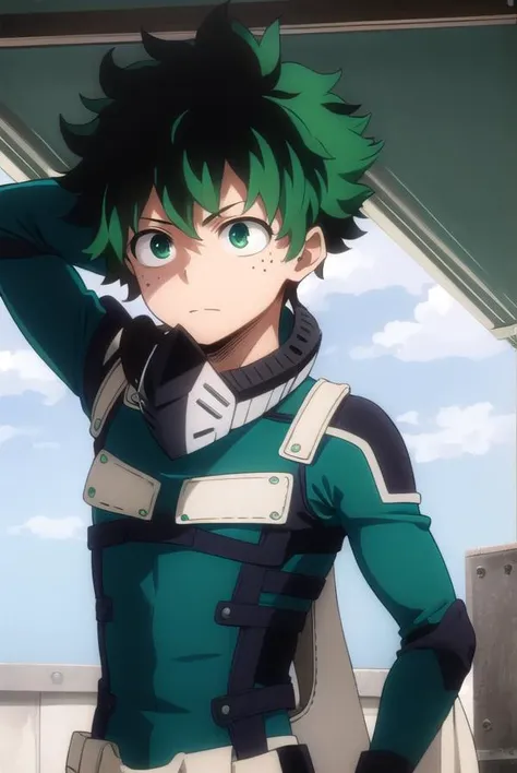 izukumidoriya, <lora:izuku midoriya s3-lora-nochekaiser:1>,
izuku midoriya, midoriya izuku, short hair, (green eyes:1.3), male focus, green hair, messy hair, freckles,
BREAK gloves, belt, white gloves, bodysuit, mask, green bodysuit,
BREAK outdoors,
BREAK ,
BREAK <lyco:GoodHands-beta2:1>, (masterpiece:1.2), best quality, high resolution, unity 8k wallpaper, (illustration:0.8), (beautiful detailed eyes:1.6), extremely detailed face, perfect lighting, extremely detailed CG, (perfect hands, perfect anatomy),