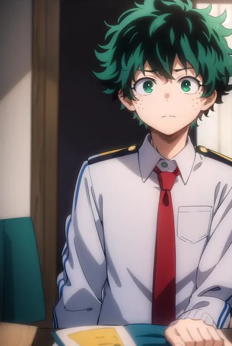 izukumidoriya, <lora:izuku midoriya s3-lora-nochekaiser:1>,
izuku midoriya, midoriya izuku, short hair, (green eyes:1.3), male focus, green hair, messy hair, freckles,
BREAK shirt, school uniform, jacket, necktie, red necktie, grey jacket, u.a. school uniform,
BREAK indoors, classroom,
BREAK looking at viewer, (cowboy shot:1.5),
BREAK <lyco:GoodHands-beta2:1>, (masterpiece:1.2), best quality, high resolution, unity 8k wallpaper, (illustration:0.8), (beautiful detailed eyes:1.6), extremely detailed face, perfect lighting, extremely detailed CG, (perfect hands, perfect anatomy),