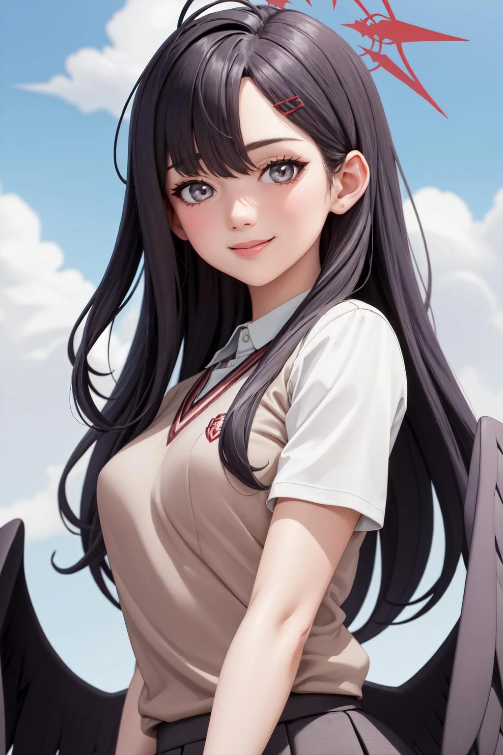 (masterpiece:1.3), (absurdres:1.3), (best quality:1.3), (ultra-detailed:1.3), 1girl, outdoors, upper body, looking at viewer, smile, dynamic pose, ichikaid, bangs, halo, black wings, <lora:ichika-000008:1>, tokiwadai school uniform, <lora:tokiwadai_school_uniform:1>