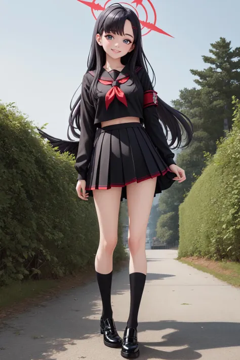 (masterpiece:1.3), (absurdres:1.3), (best quality:1.3), (ultra-detailed:1.3), 1girl, outdoors, full body, looking at viewer, smile, dynamic pose, ichikaid, arm band, bangs, halo, long sleeves, black wings, black serafuku, black skirt, sock, shoes, long sleeves, <lora:ichika-000008:1>
