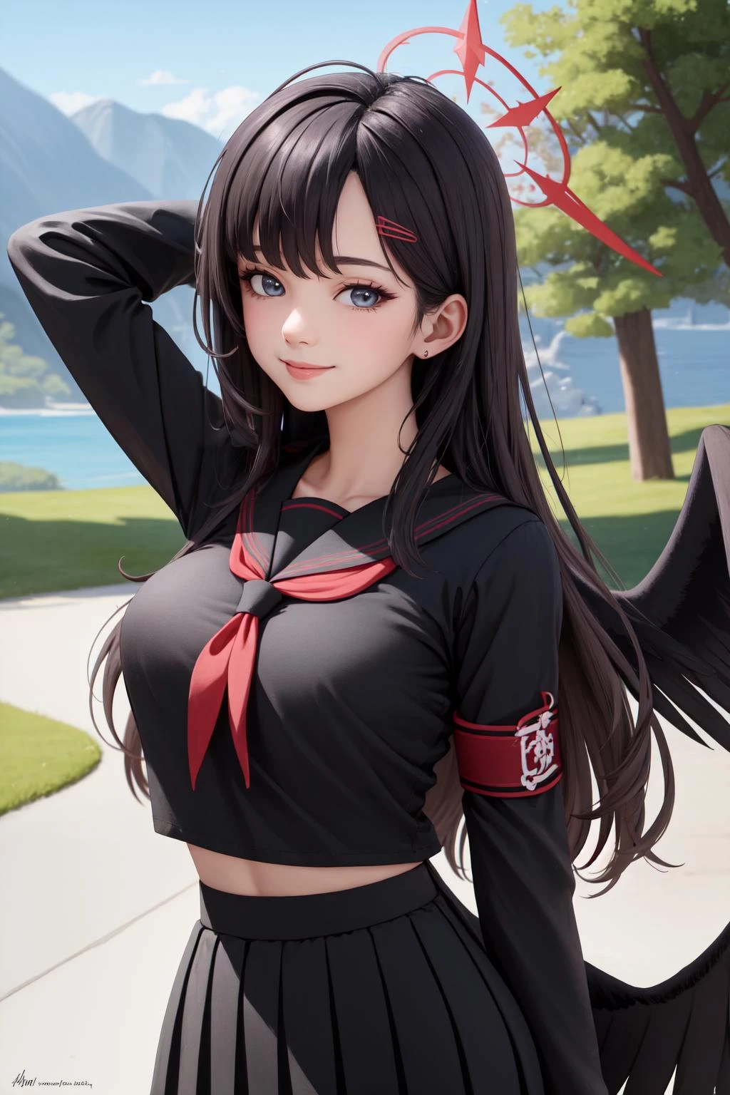 (masterpiece:1.3), (absurdres:1.3), (best quality:1.3), (ultra-detailed:1.3), 1girl, outdoors, upper body, looking at viewer, smile, dynamic pose, ichikaid, arm band, bangs, halo, long sleeves, black wings, black serafuku, long sleeves, <lora:ichika-000008:1>