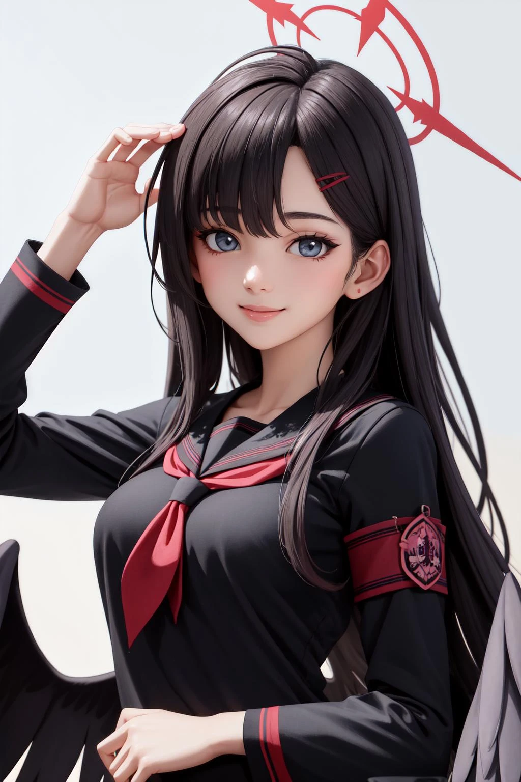 (masterpiece:1.3), (absurdres:1.3), (best quality:1.3), (ultra-detailed:1.3), 1girl, outdoors, upper body, looking at viewer, smile, dynamic pose, ichikaid, arm band, bangs, halo, long sleeves, black wings, black serafuku, long sleeves, <lora:ichika-000008:1>