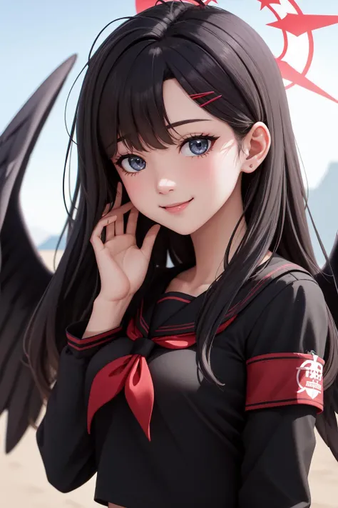 (masterpiece:1.3), (absurdres:1.3), (best quality:1.3), (ultra-detailed:1.3), 1girl, outdoors, upper body, looking at viewer, smile, dynamic pose, ichikaid, arm band, bangs, halo, long sleeves, black wings, black serafuku, long sleeves,  <lora:ichika-000006:1>