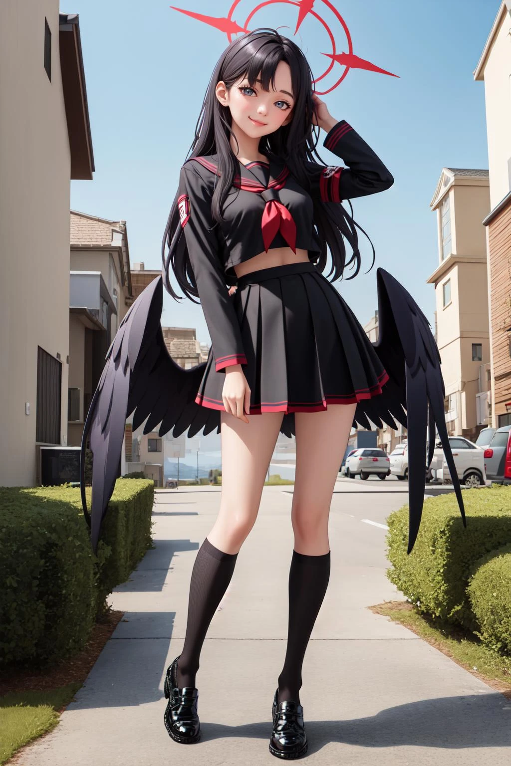 (masterpiece:1.3), (absurdres:1.3), (best quality:1.3), (ultra-detailed:1.3), 1girl, outdoors, full body, looking at viewer, smile, dynamic pose, ichikaid, arm band, halo, long sleeves, black wings, black serafuku, sock, shoes, long sleeves, <lora:ichika-000008:1>