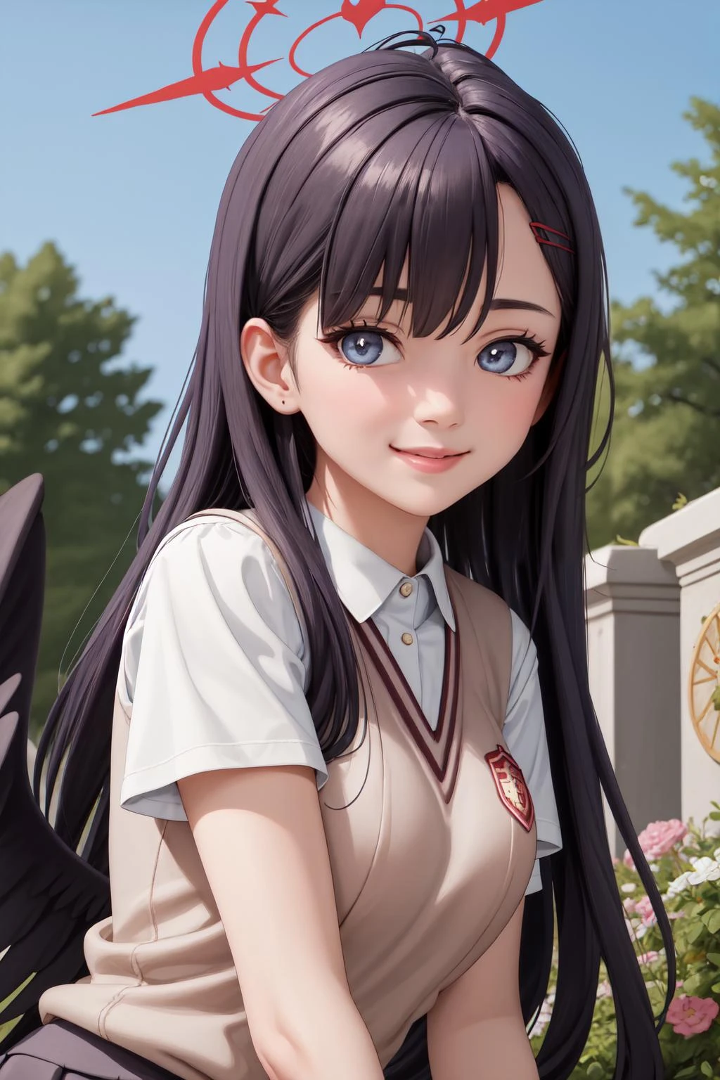 (masterpiece:1.3), (absurdres:1.3), (best quality:1.3), (ultra-detailed:1.3), 1girl, outdoors, upper body, looking at viewer, smile, dynamic pose, ichikaid, bangs, halo, black wings, <lora:ichika-000008:1>, tokiwadai school uniform, <lora:tokiwadai_school_uniform:1>