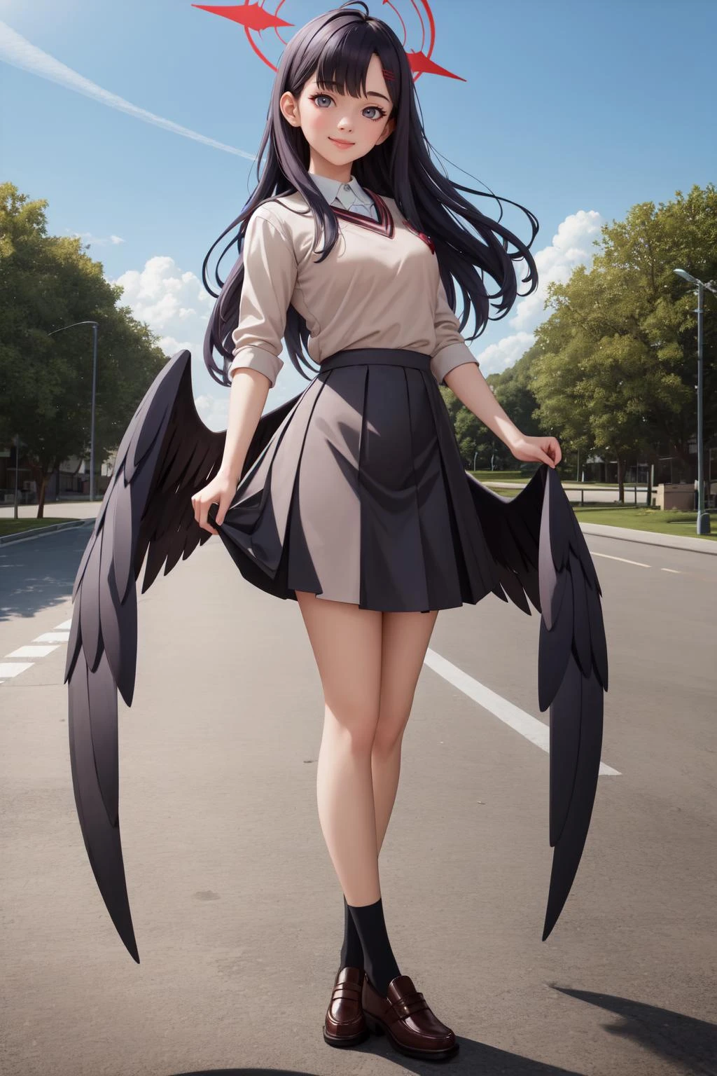 (masterpiece:1.3), (absurdres:1.3), (best quality:1.3), (ultra-detailed:1.3), 1girl, outdoors, full body, looking at viewer, smile, dynamic pose, ichikaid, bangs, halo, black wings, <lora:ichika-000008:1>, tokiwadai school uniform, <lora:tokiwadai_school_uniform:1>