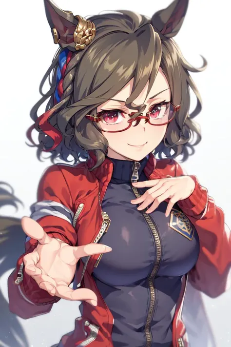 masterpiece, best quality,
tap dance city \(umamusume\),
ear ornament, glasses, semi-rimless eyewear, smile, looking at viewer, red-framed eyewear, upper body, track jacket, under-rim eyewear, long sleeves, closed mouth, zipper
<lyco:tap_dance_city_loha-000010:0.7>