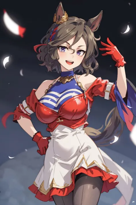 <lora:tap_dance_city_loha-000010:0.8>tap dance city \(umamusume\),ear ornament, jewelry, detached sleeves, sleeveless dress, bare shoulders, (red gloves), off shoulder, clothing cutout, halterneck, striped, crop top, red shirt, bodice, white skirt, very long skirt, black pantyhose, white footwear, high heels,smile, open mouth,cowboy shot, huge breasts, looking at viewer, hand up,hand on hip, dancing, confetti, ballroom,(masterpiece, best quality, glowing light, ultra detailed, detailed background, complex background), (perfect face, detailed face), perfect anatomy ,short hair,