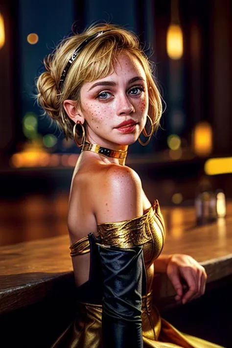 1 woman, miley cyrus, courtesan, arm support, armlet, backlighting, bar (place), bare shoulders, blonde hair, blurry background, choker, closed mouth, cup, depth of field, elbow gloves, freckles, gloves, gold choker, hair bun, hair ornament, head tilt, hoop earrings, looking to the side, mole on cheek, sitting, solo focus, strapless dress, tiara, window, yellow dress
(plasma, wslrtplsm, slime)