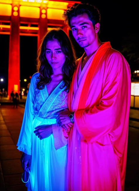photo of wslrtplsm plasma neon beautiful couple with fluorescent slime <lora:locon_wasylartplasma_v1_from_v1_64_32:0.55>, in Tokyo, at the Meiji Shrine, man and a woman, detailed faces, intricate poses, absurdres, high quality, film grain, Fujifilm XT3
epic character composition, <lora:add_detail:0.7>,
action show