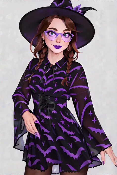 <lora:witchypurpleandblackdress-freckledvixon:0.7>, purpl3b4ts,long sleeves,hat,black and purple dress, pantyhose, <lora:bzl:0.8>, bzl_test, short wavy brown hair, (grey|blue) eyes, glasses, (freckles:0.4), closed smile || skin, hair, clothing, masterpiece, 8k, high resolution, shallow depth of field, sharp focus