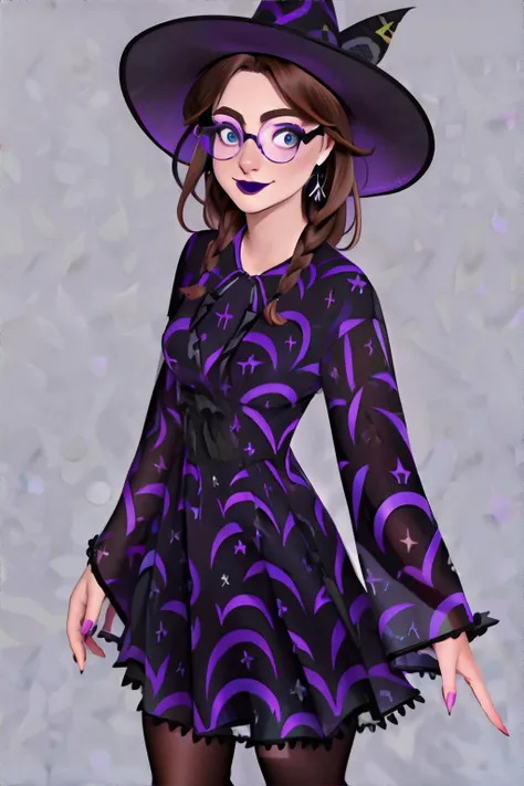 <lora:witchypurpleandblackdress-freckledvixon:0.7>, purpl3b4ts,long sleeves,hat,black and purple dress, pantyhose, <lora:bzl:0.8>, bzl_test, short wavy brown hair, (grey|blue) eyes, glasses, (freckles:0.4), closed smile || skin, hair, clothing, masterpiece, 8k, high resolution, shallow depth of field, sharp focus