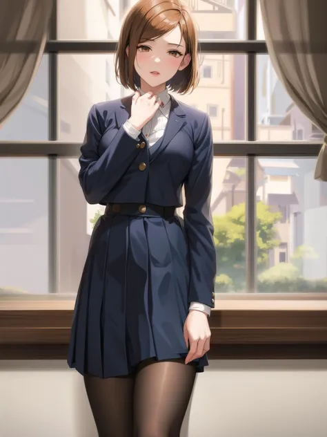 Masterpiece, best quality, high definition,
kugisaki nobara, brown eyes, school uniform, short hair, jacket, 1girl, brown hair, gray jacket, pleated skirt, gray skirt, black stockings, by window, window, standing
 <lora:éè·ènobara:0.7>(masterpiece:1,2), best quality, masterpiece, highres, original, extremely detailed wallpaper, perfect lighting,(extremely detailed CG:1.2),